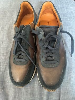 Magnanni Brown & Black Leather Suede-Trim Sneakers